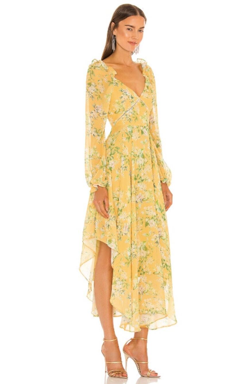 Sau Lee Georgia Long Sleeve V-Neck Floral Asymmetrical Hem Midi Dress Yellow-2